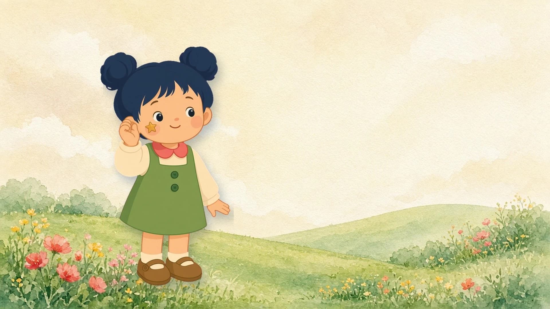 Nia en el prado, con el vestido verde y la mano junto a la oreja.