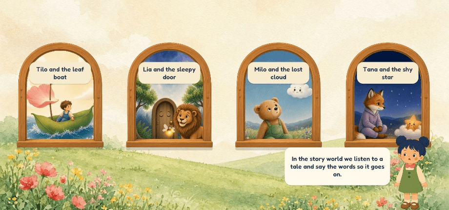 Las cuatro puertas de los cuentos: Tilo, Lía, Milo y Tana.